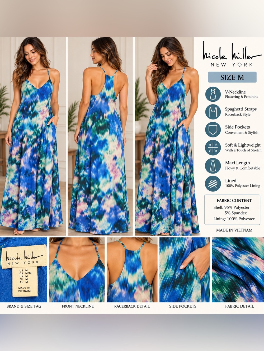 Nicole Miller New York Maxi Dress M Blue Abstract Print Racerback Pockets